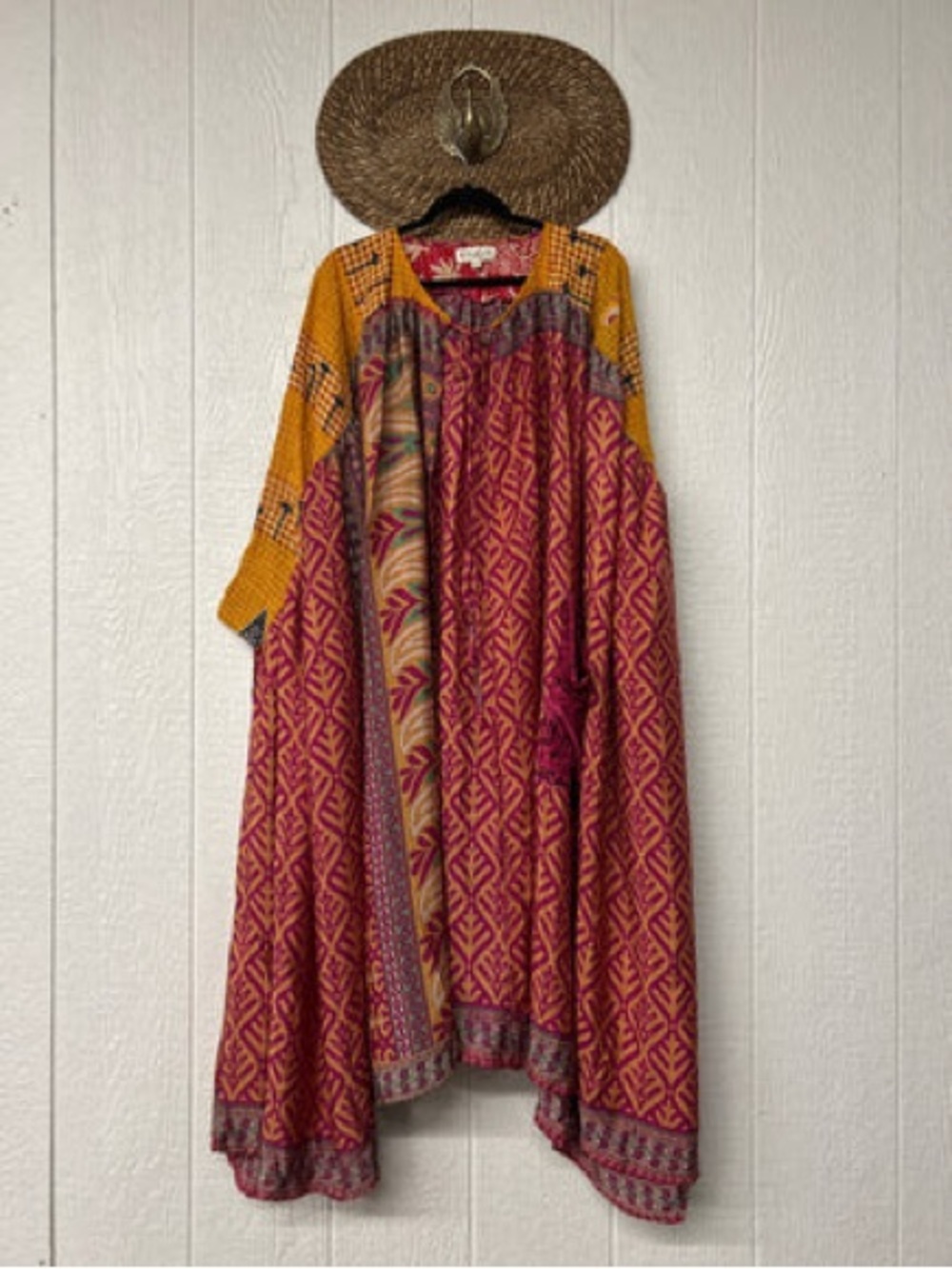 NWT Kantha Bae Fleetwood Kimono Boho Printed Maxi Dress in Pink and Mustard